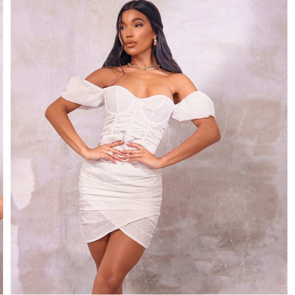 White Textured Corset Detail Bodycon Dress